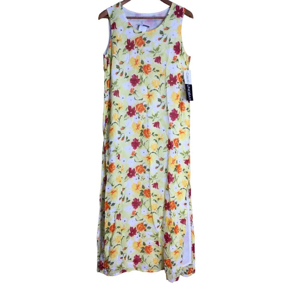 Vintage Maxi Dress Size Small Yellow Floral Sleeveless Flowy Semi Sheer Lined